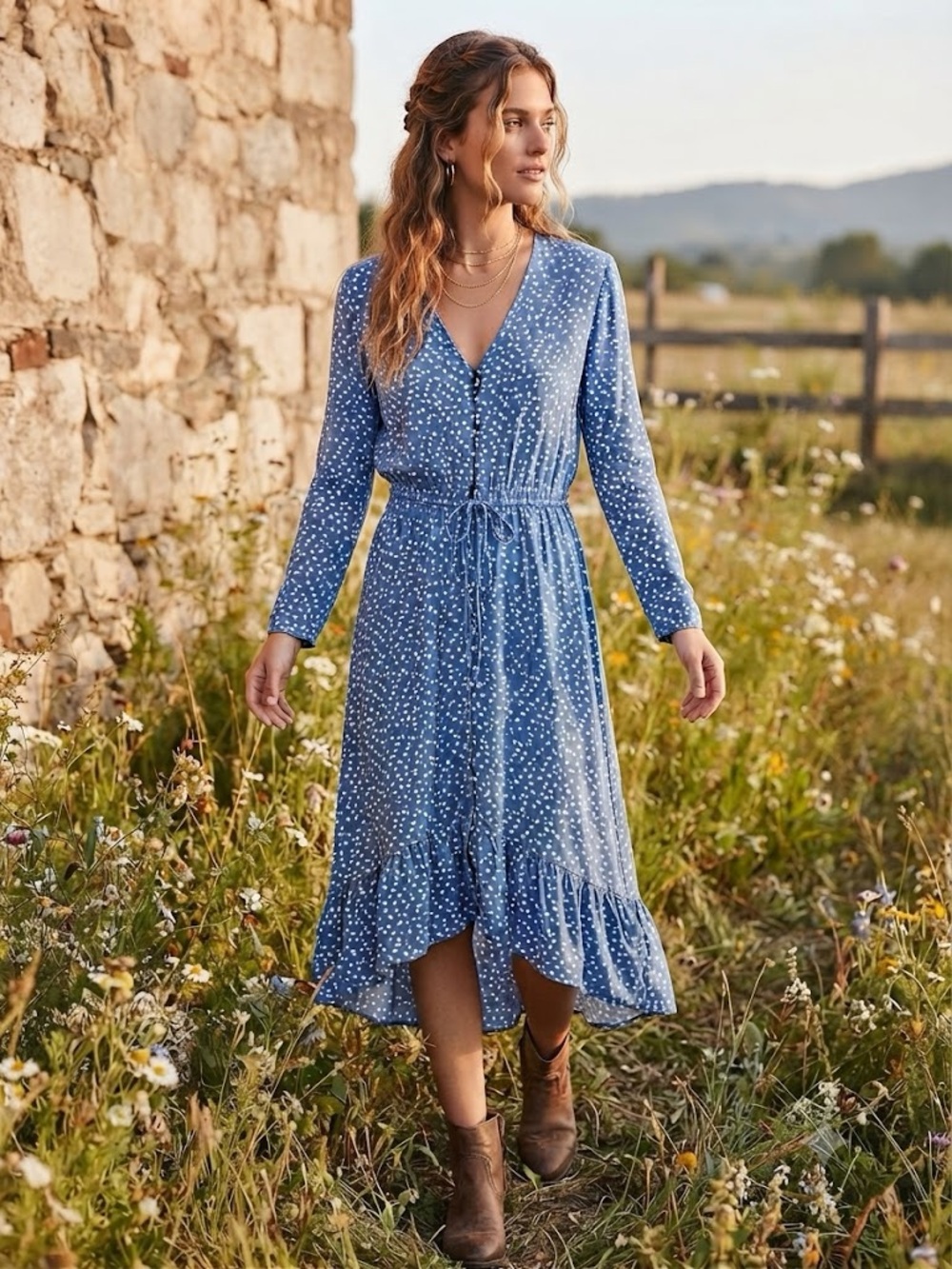 Rails Blue V-Neck Long Sleeve High-Low Midi Dress Floral Print Size M Feminine